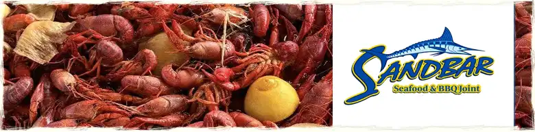 Sandbar Seafood & BBQ Joint header with photo of crawfish